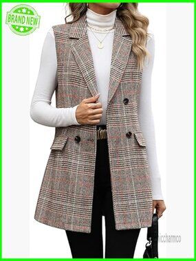 Long Plaid Vest Sleeveless Double Breasted Blazer Jacket with Pockets